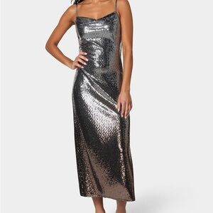 NWT Bebe OMBRE SEQUIN MAXI SLIP DRESS Silver Sequin Midi Dress